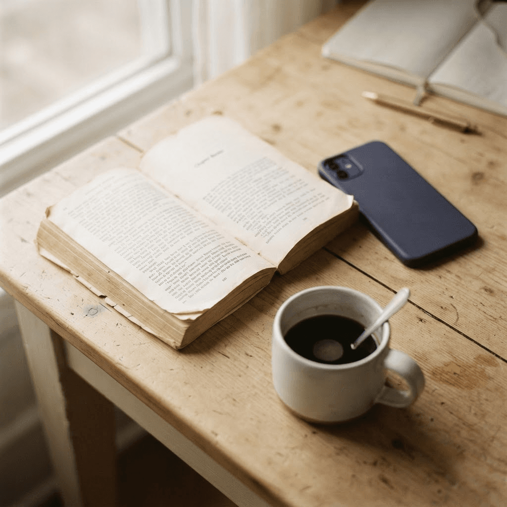 Книга, телефон с уведомлением и открытый ноутбук на одном столе